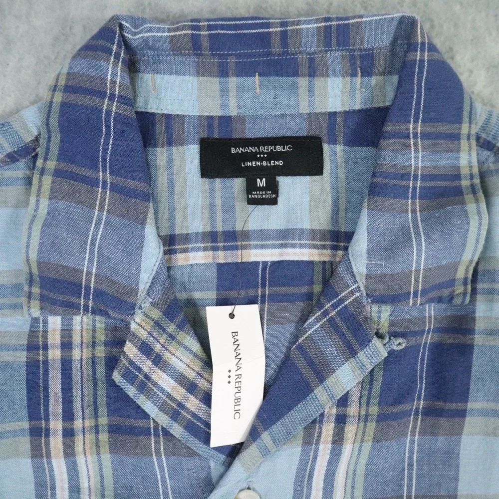 Banana Republic Linen-Blend Shirt Mens M Blue Plaid‎ Modern Summer Casual Beach